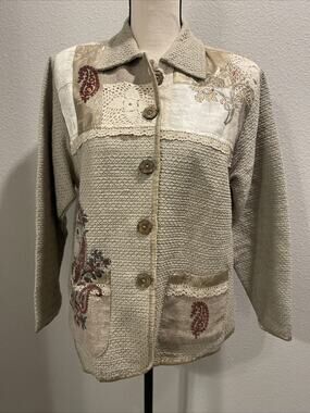 Vintage Think Positive Embellished Tapestry Lace Woven Oversized Jacket Sz Small